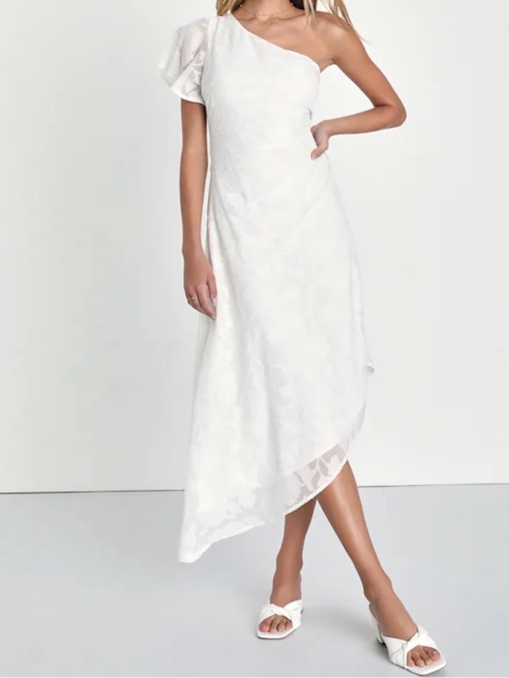 Lulus Radiant Intentions White Floral Pleated One-Shoulder Midi Dress